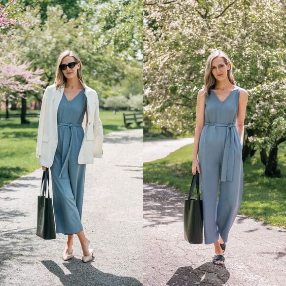 [Everlane] Dusty Blue Japanese GoWeave Essential Sleeveless Jumpsuit NWT Size 14 - Picture 1 of 12